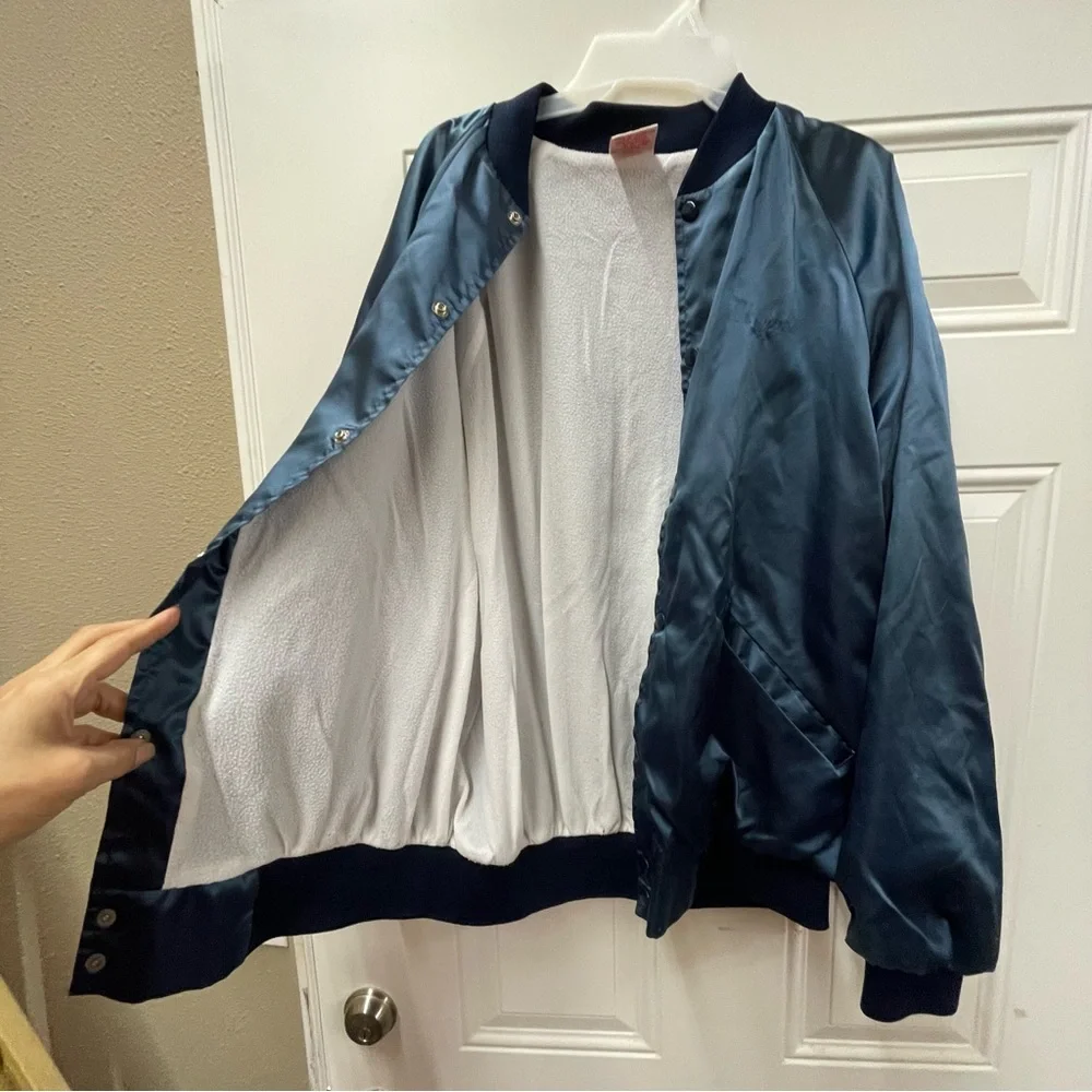 Vintage Cardinal Made In The USA Blue Satin Snap Front Bomber Jacket XL